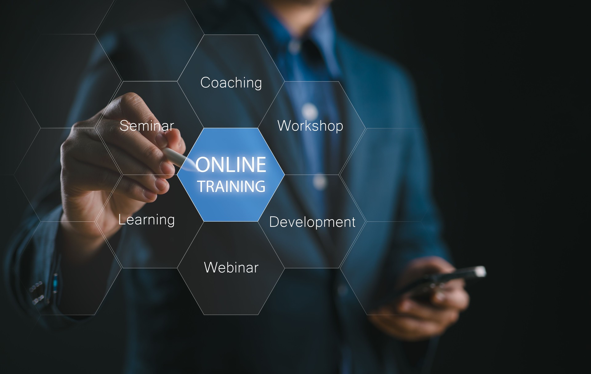 Training webinar E-learning skills business concept. Person touch virtual screen of online training for digital courses to develop new skills.